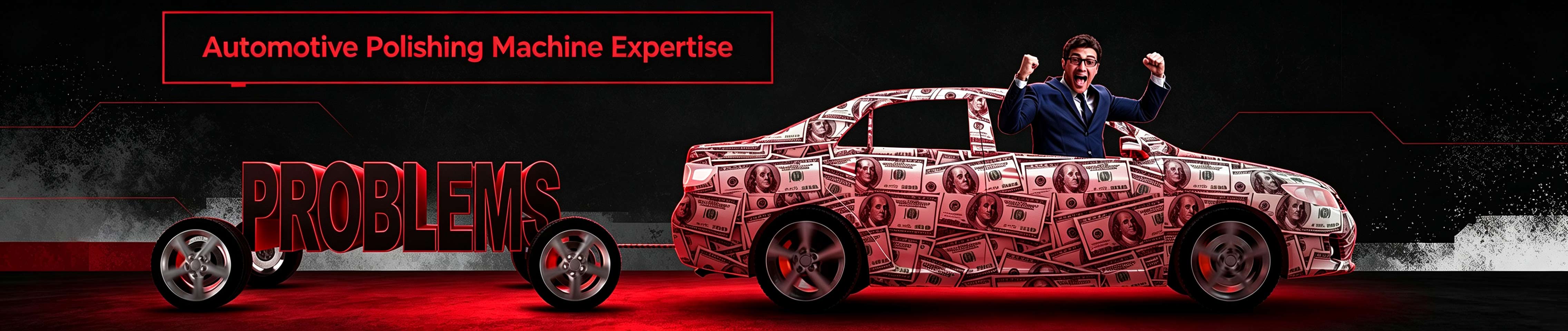 L"argent liquide recouvre le véhicule et les roues symbolisent la résolution de défis. Cela démontre l’expertise professionnelle derrière les polisseuses automobiles à double action et rotatives.